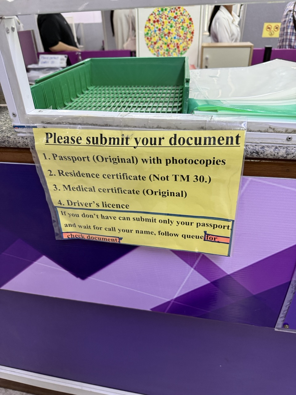 Document checklist sign at the Chiang Mai DLT — passport, residence certificate, medical certificate, driver's licence